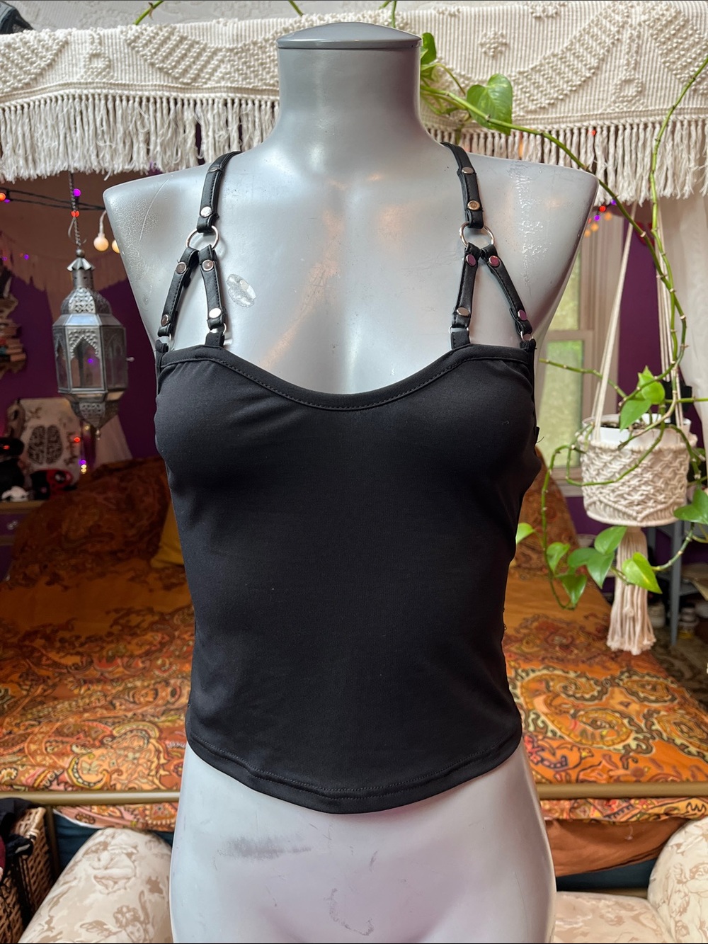 Goth grunge silver o-ring faux leather bondage strap camisole tank top